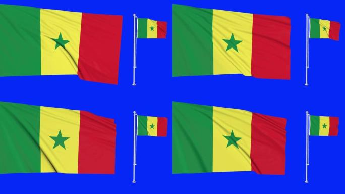 绿屏塞内加尔两面旗帜挥舞塞内加尔旗杆动画3d色度键