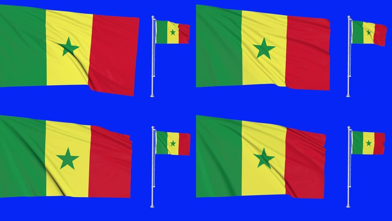 绿屏塞内加尔两面旗帜挥舞塞内加尔旗杆动画3d色度键