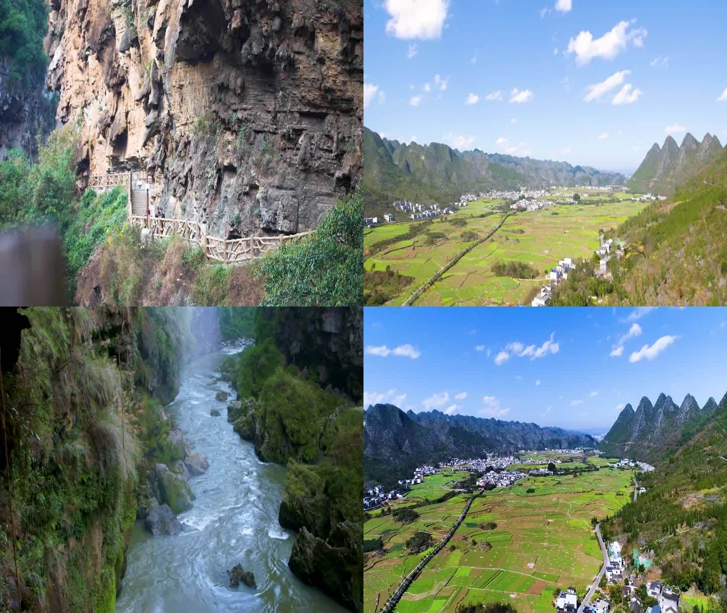 一条流经峡谷的河流 村庄和山脉的鸟瞰图 稻田鸟瞰图