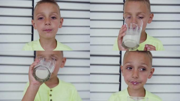 一个健康的小男孩和一杯美味牛奶的特写镜头。一个男孩正在白门里喝牛奶。健康饮食。正确的生活方式。小男孩