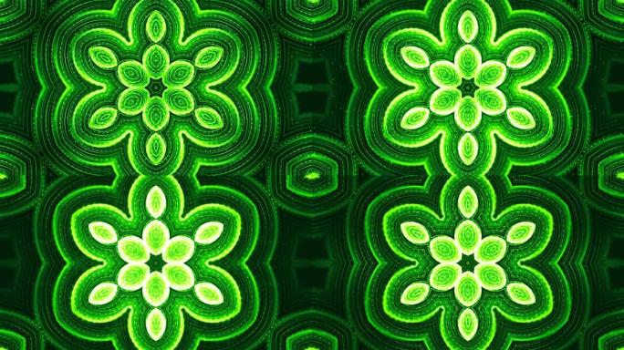 4k循环科幻3d背景与辉光绿色颗粒形成线，表面，图案，万花筒结构。抽象运动中的对称点结构。