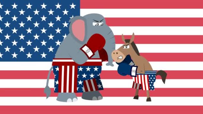 共和党的大象和民主党的驴子在拳击