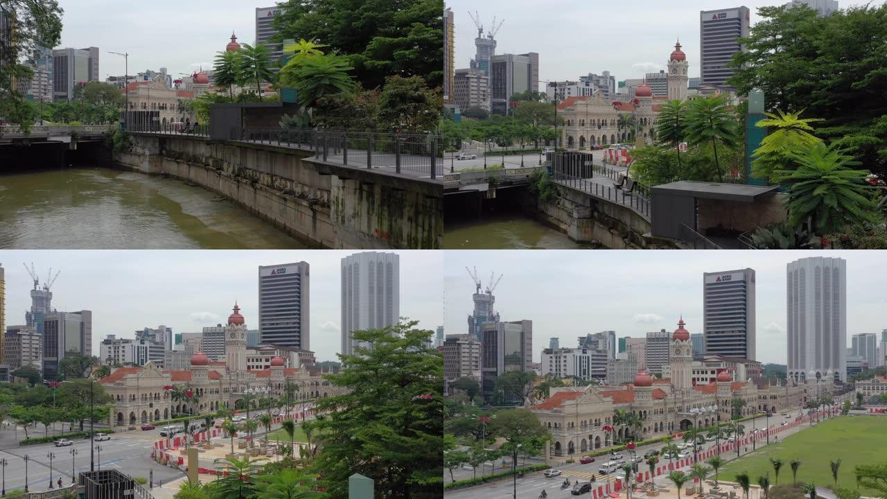 白天拍摄吉隆坡城著名的宫殿滨江湾交通街道航拍4k马来西亚全景图