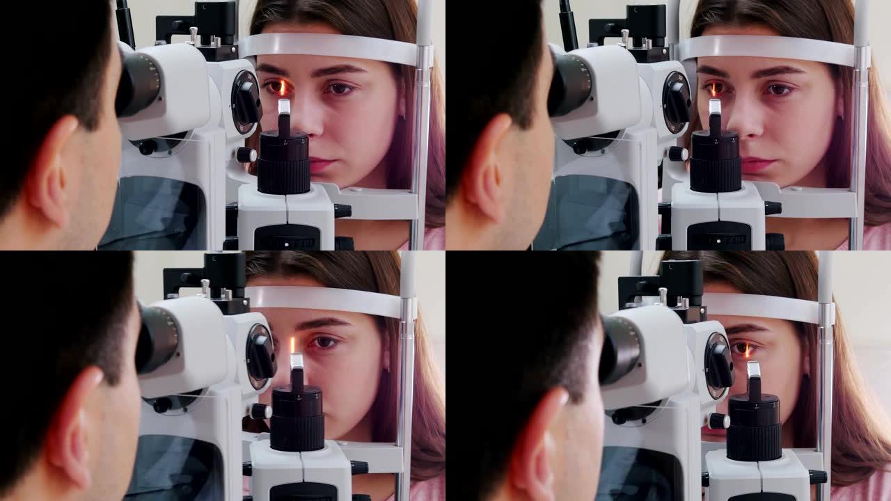 眼科治疗-一位粉红色嘴唇的年轻女子检查她的视力-瞳孔对光的反应