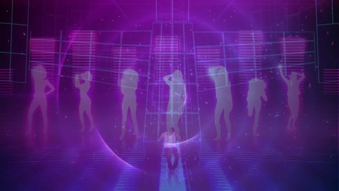 紫色背景下在音乐均衡器上跳舞的人的剪影