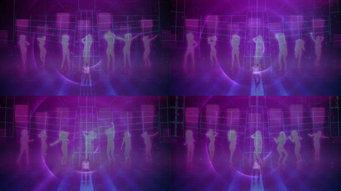紫色背景下在音乐均衡器上跳舞的人的剪影