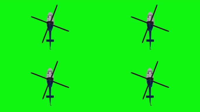 逼真的直升机飞行动画。顶视图。绿屏4k镜头