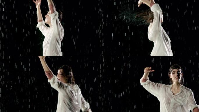 《雨中美人外国女人雨中跳舞雨中跳跃