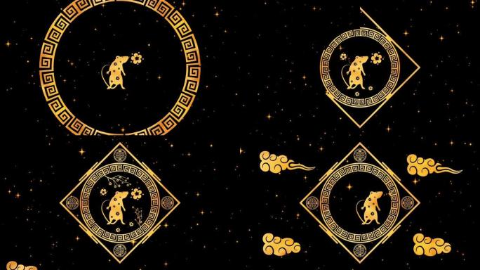 金色农历新年背景，金色和黑色，老鼠，烟花，闪闪发光的星星3D渲染循环4k。神奇的新年快乐动画