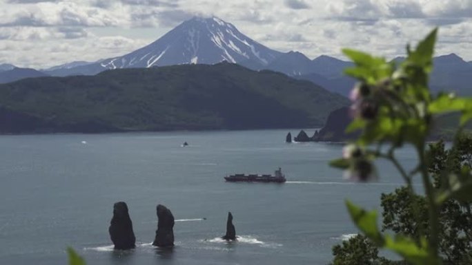 海港的海景，前面是绿色植物，中间是一艘船，悬崖在水中，远处是大火山。