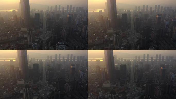 日落时灯长沙市市区交通街空中全景4k中国