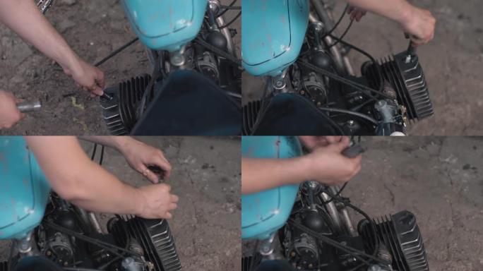 机械师调校发动机，机械师修理旧摩托车发动机