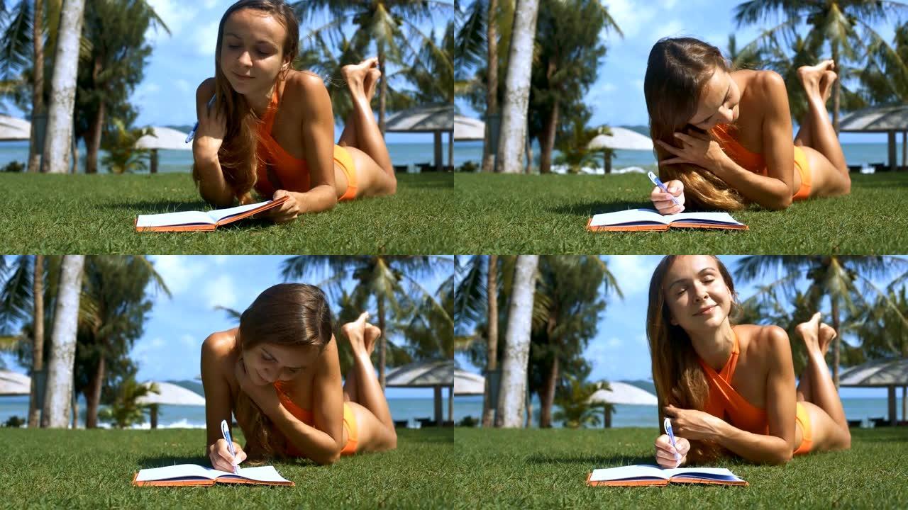 女孩在棕榈树特写镜头的草地上抚平头发