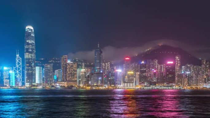 延时夜灯香港天际线，香港城市景观维多利亚港上空的摩天大楼，中国香港