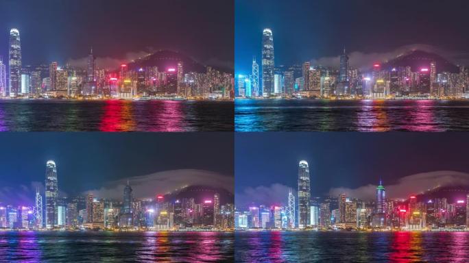 延时夜灯香港天际线，香港城市景观维多利亚港上空的摩天大楼，中国香港