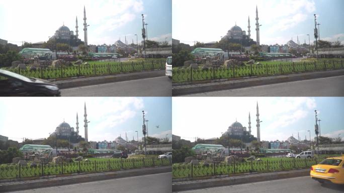 看着美丽的城市景观和城市生活，当地街道，埃米诺努区的旅游地标交通，图里奥尔港，伊斯坦布尔的新清真寺，