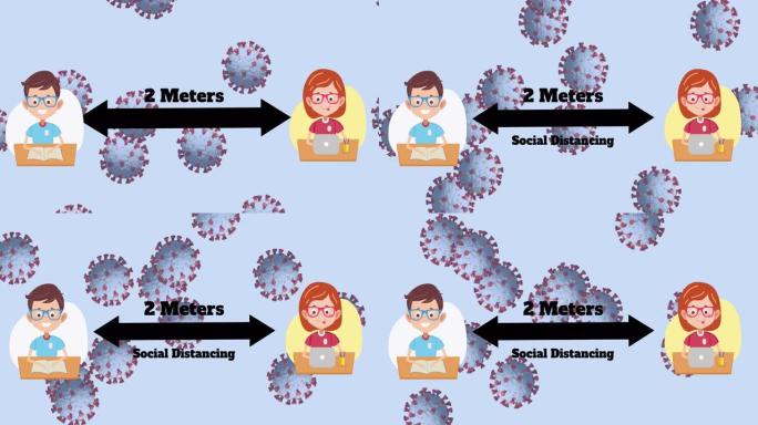 多个新型冠状病毒肺炎细胞与学校男孩和女孩图标保持社交距离