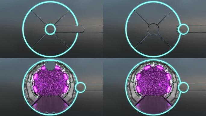 带有霓虹灯的金属舱口可打开飞船景观的全景。带门户的科幻走廊的3d抽象背景。未来技术抽象VJ为技术标题