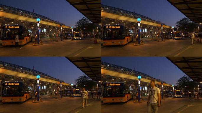 黄昏时间卢塞恩市火车站拥挤的交通广场全景4k瑞士