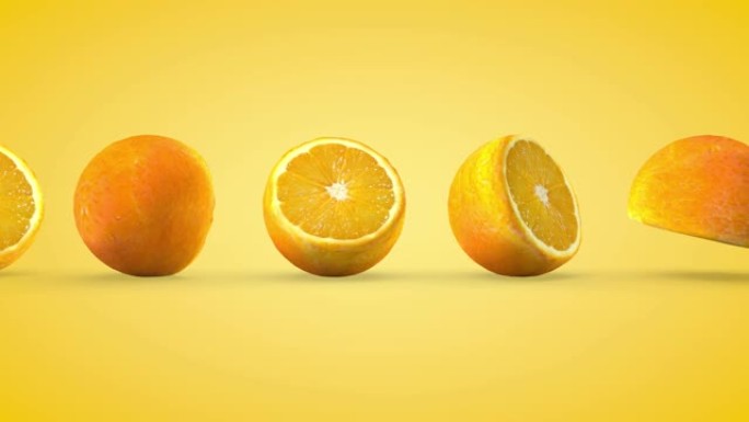 成熟橘子的旋转，无尽的运动。3D渲染