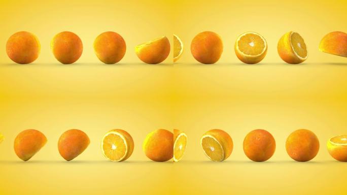 成熟橘子的旋转，无尽的运动。3D渲染