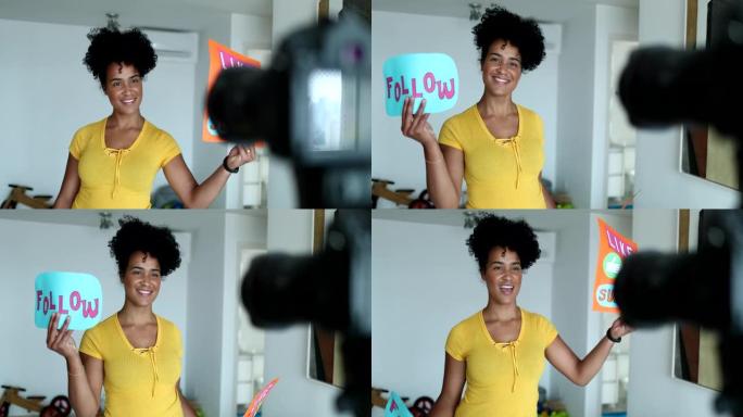 混合种族视频记录器女人显示跟随，喜欢和订阅标志