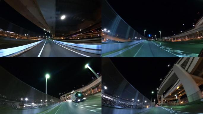 夜间在桥上行驶行车记录第一视角驾驶驾车