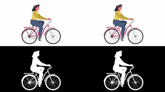 卡通可爱女性角色骑自行车者骑自行车孤立自行车循环2d动画