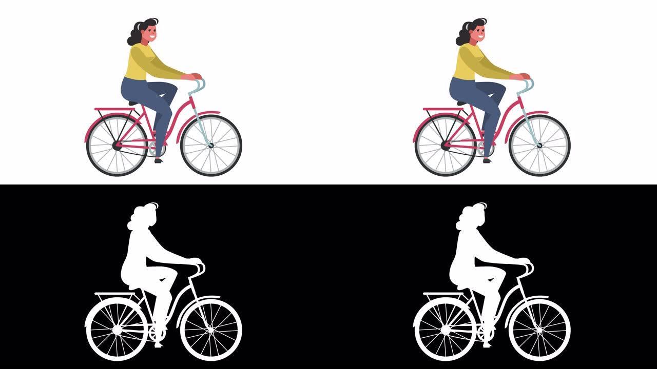 卡通可爱女性角色骑自行车者骑自行车孤立自行车循环2d动画