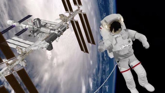 宇航员太空行走，在空旷的空间里挥舞着他的手。国际空间站ISS在地球大气层上空旋转。飓风在后面。3d动