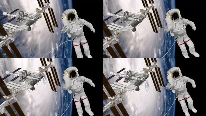宇航员太空行走，在空旷的空间里挥舞着他的手。国际空间站ISS在地球大气层上空旋转。飓风在后面。3d动