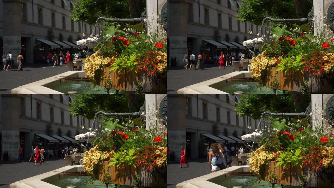 日内瓦市中心晴天著名购物街广场喷泉慢动作全景4k瑞士