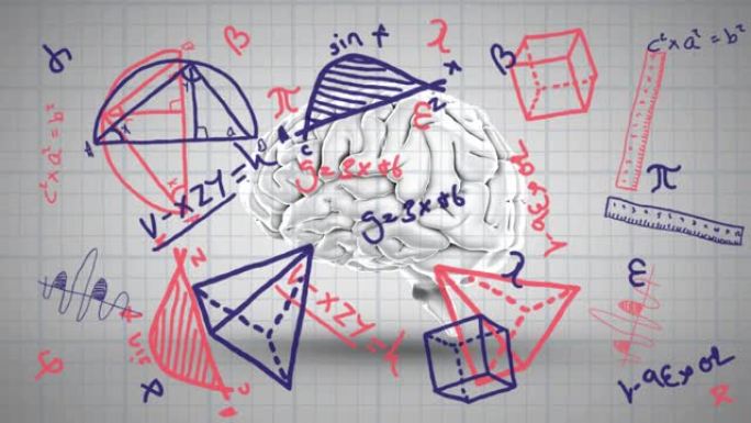 用正方形衬纸上的数学方程式和图表旋转大脑