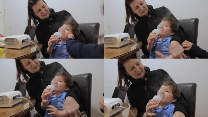祖母在家帮助小男孩使用喷雾器治疗哮喘和呼吸系统疾病。家庭治疗的概念。吸入疗法