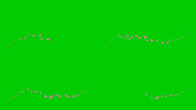 动画粉红色的心从左到右飞行。一股飞翔的心。矢量插图孤立在绿色背景上。