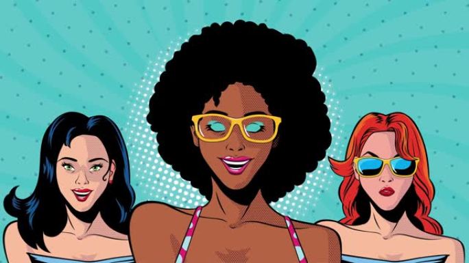 波普艺术风格动画与三个性感的跨种族女孩
