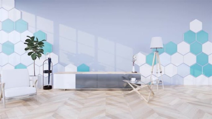 橱柜，墙壁和木地板上有木制蓝色六角砖。3D渲染