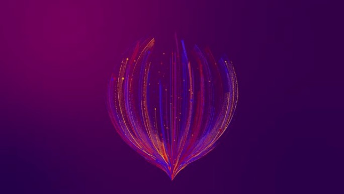 3D渲染彩色粉色紫色蓝色粒子线像一朵花一样绽放。深粉色紫色背景上的发光线条和浅色颗粒。