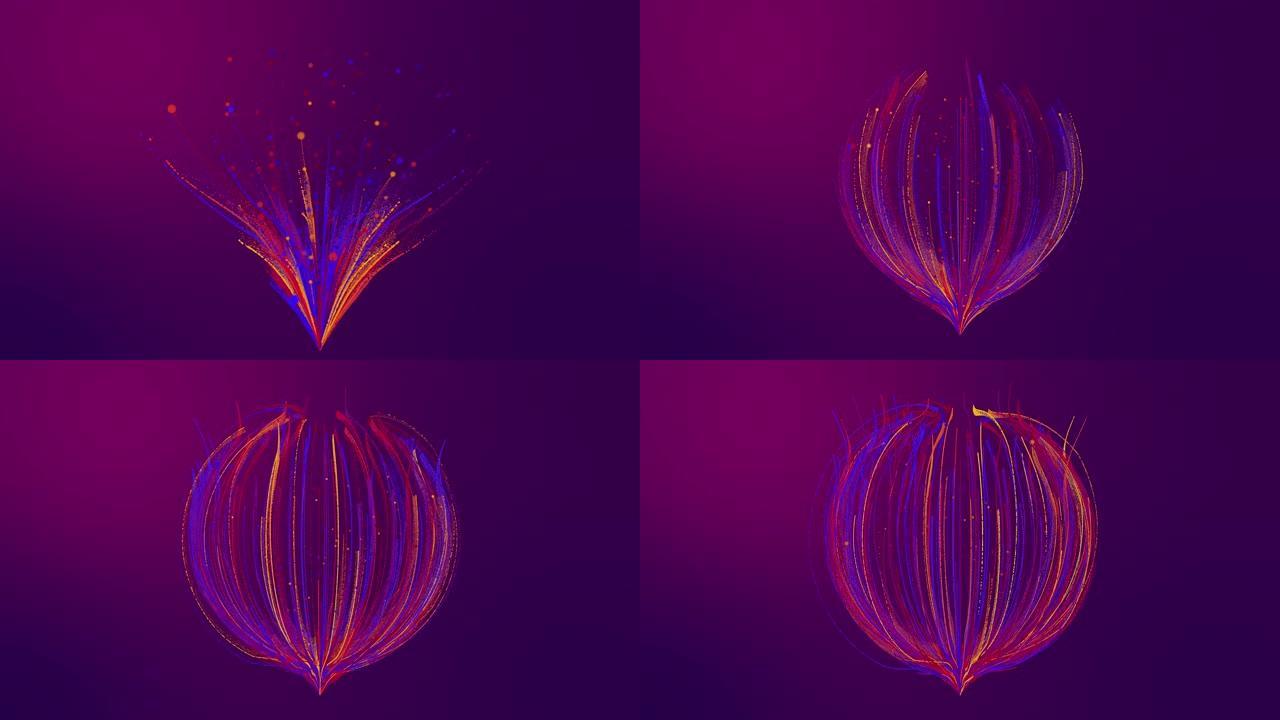 3D渲染彩色粉色紫色蓝色粒子线像一朵花一样绽放。深粉色紫色背景上的发光线条和浅色颗粒。