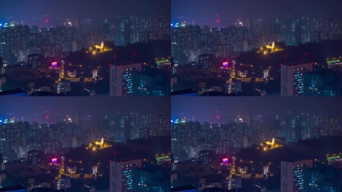 夜间照明澳门城市景观屋顶全景4k延时中国