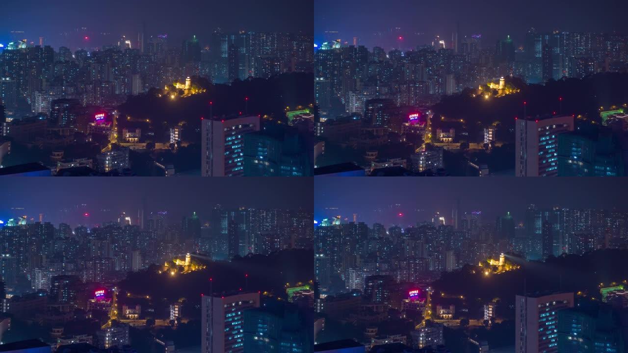 夜间照明澳门城市景观屋顶全景4k延时中国