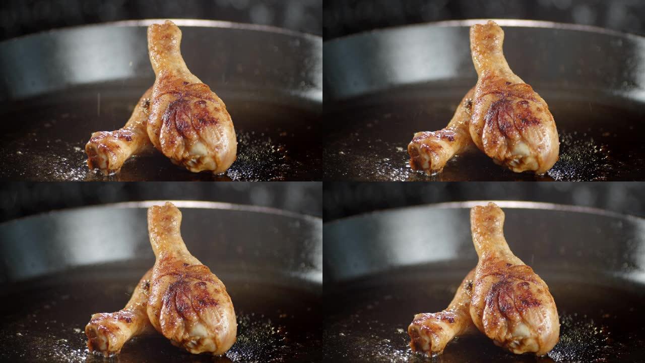 鸡腿用热油在煎锅中油炸。