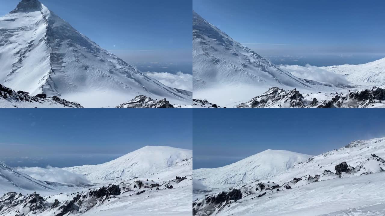 海拔3900米的白雪覆盖的假面火山及其周围的鸟瞰图