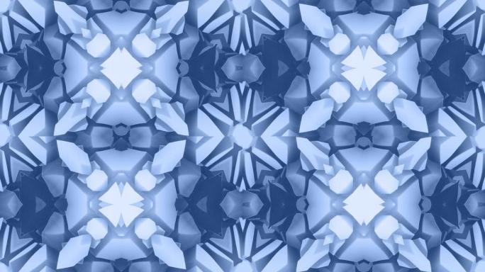 3d抽象形状像星星或花朵，黑色蓝色天鹅绒材料的对称结构散布着亮片，平滑地周期性变化形状。时尚柔和的哑