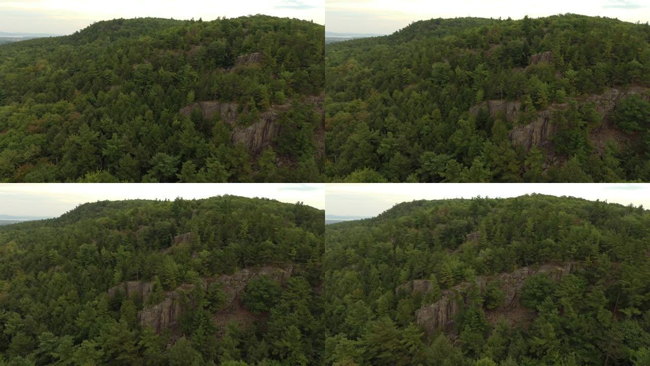 无人机飞行观察到植被茂密的戏剧性悬崖形成