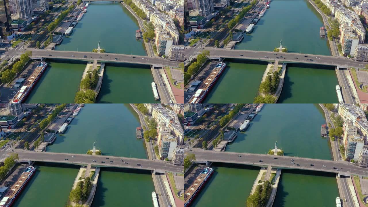 法国巴黎-2019年5月: 用桥梁俯瞰塞纳河河畔的空中无人机。