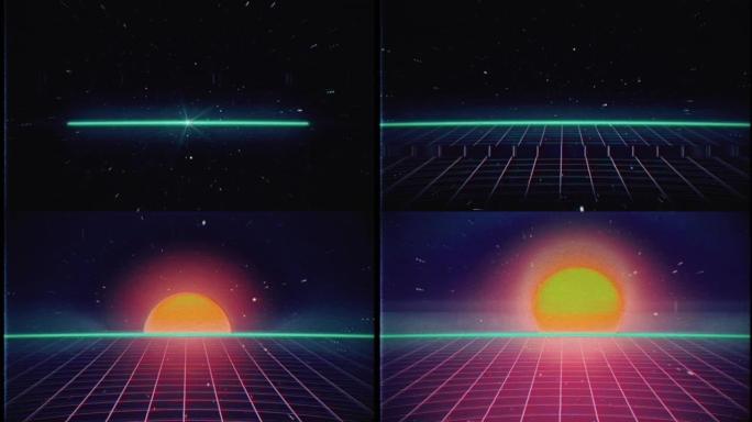 复古80年代VHS磁带视频游戏介绍网格上有日出，有故障的星星