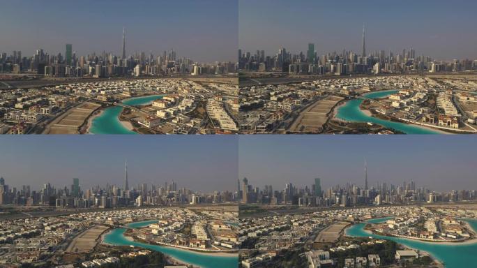 空中。迪拜市中心的顶视图，配有豪华别墅。
