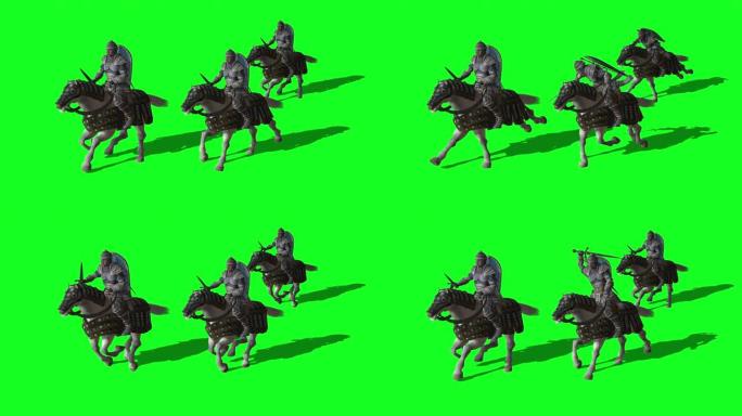 中世纪骑士骑马和与剑和盾战斗-动画在绿色屏幕上
