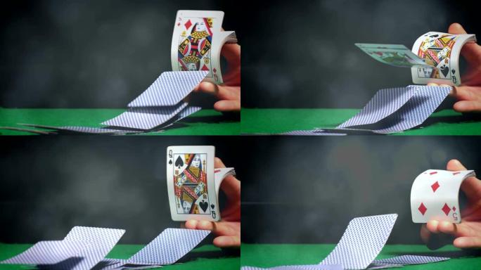 发牌人在绿色扑克牌桌上分发一张卡片，效果很轻